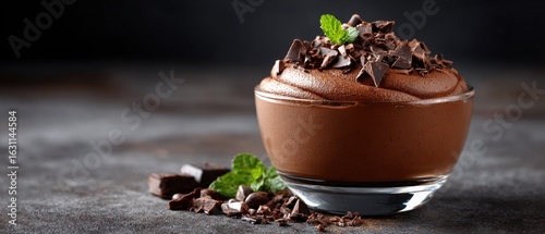 Wallpaper Mural A rich chocolate mousse topped with chocolate shavings and a mint leaf, served in a clear glass bowl on a textured surface. Torontodigital.ca