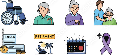 Elderly care and retirement support illustrations