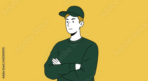 Young Man in Green Outfit with Cap.
