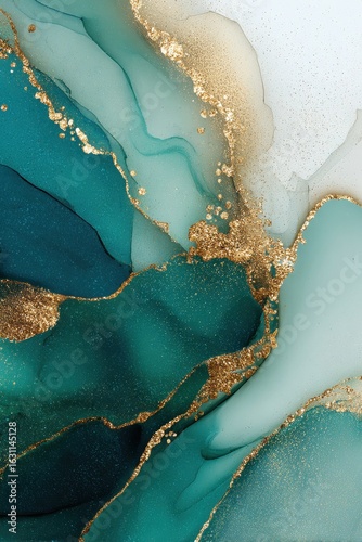 Elegant abstract teal and gold swirl pattern, perfect for luxury fashion textiles, high-end wallpaper designs, and sophisticated wedding stationery.

