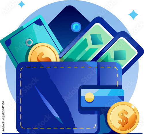 Flat Style Wallet Icon – Full Wallet with Cash and Coins for Finance and Spending Concepts