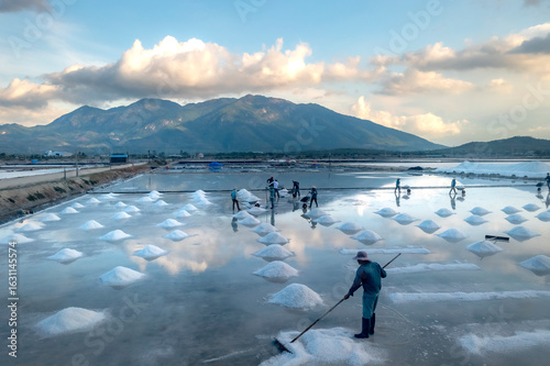 Hon Khoi Salt, Nha Trang City, Vietnam - June 21, 2025: Farmers harvest salt in a salt field at Hon Khoi, Nha Trang City, Vietnam