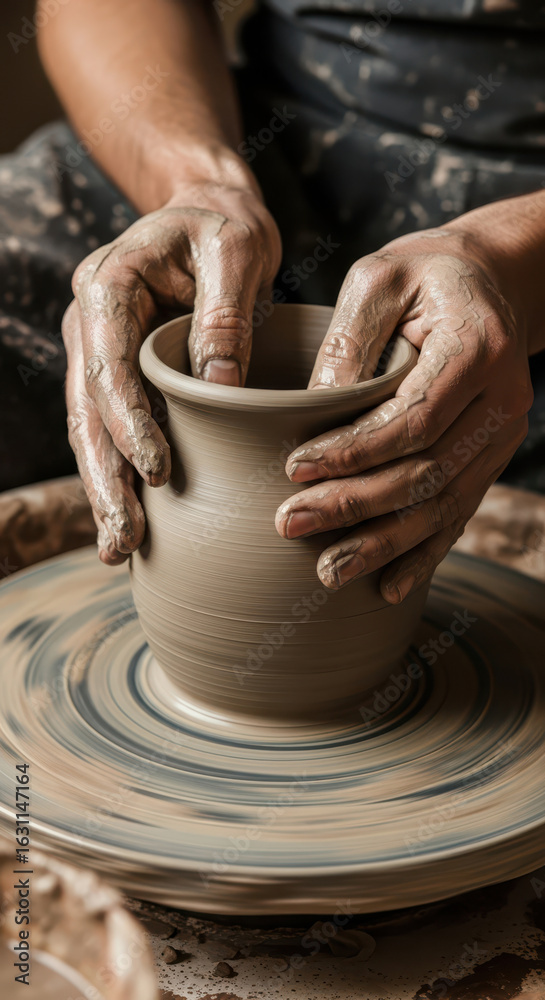Closeup of a potters hands shaping clay on a spinning wheel Closeup of a potters hands shaping clay on a spinning wheel