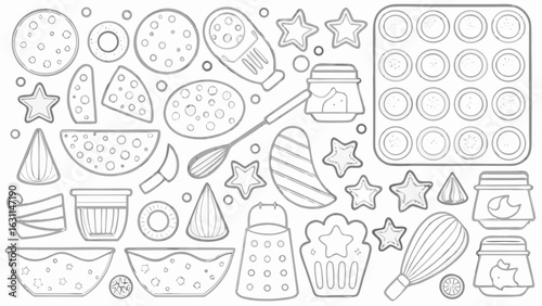 Outlined baking themed elements including cupcake liners and baking tools in a monochrome style art silhouette