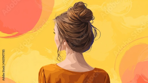 Woman with bun hairstyle, back view, yellow and orange abstract background.  Artistic digital illustration.