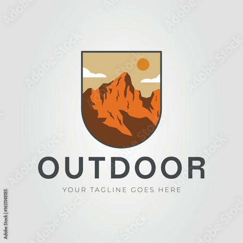 Zion national park adventure logo capturing mountain, sun, clouds, outdoor spirit. Suitable for outdoor brands, travel agencies, adventure companies.