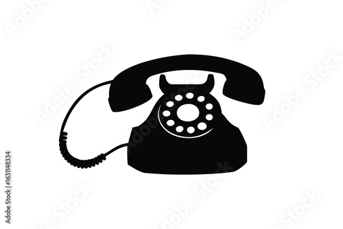 Vintage rotary telephone icon, classic retro landline phone silhouette, old communication device symbol, minimal black design isolated on white background