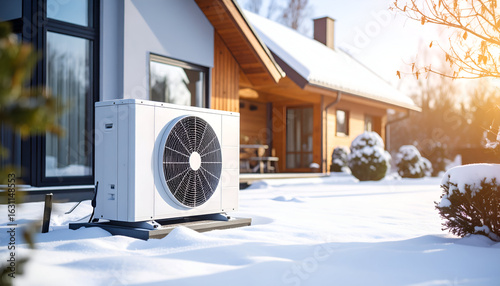 Heat pump with snowy winter home.