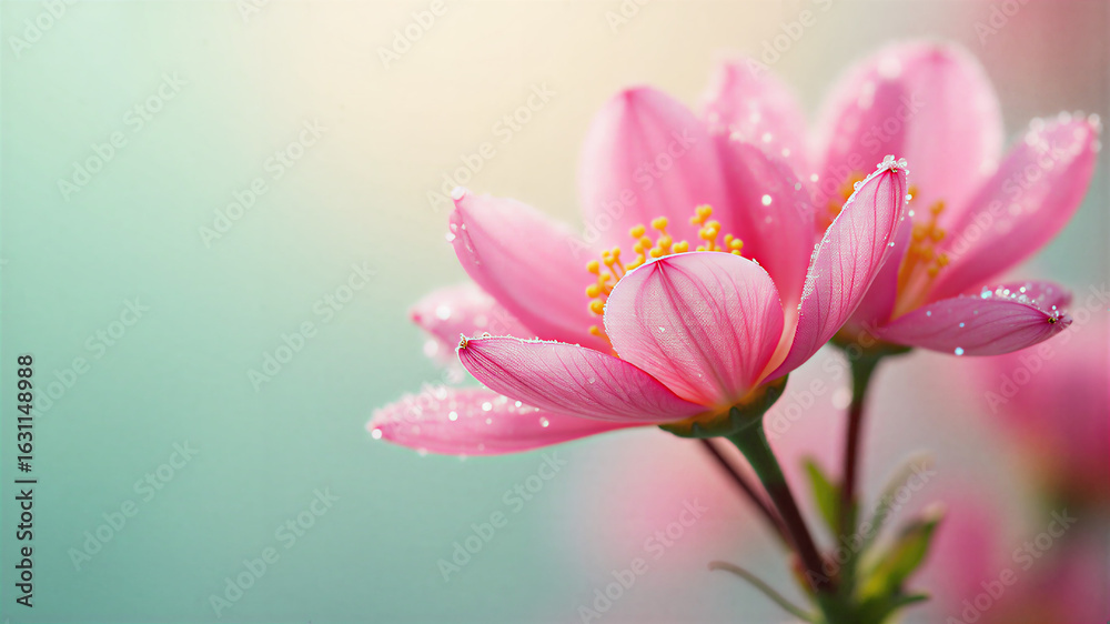 Fototapeta premium Seasonal theme featuring vibrant spring blooms in full bloom against a soft gradient background from pastel pink to mint green. Composition follows the rule of thirds with light morning dew on petals 