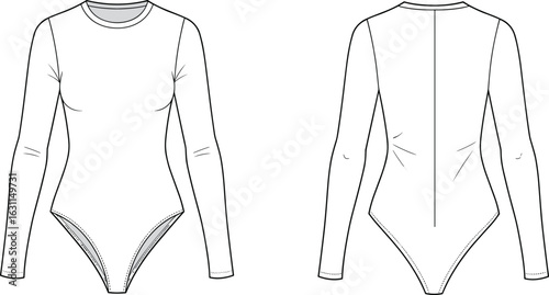 CAD drawing flat vector illustration, technical fashion sketch, long sleeve bodysuit, front and back view, garment design template, clothing mockup
