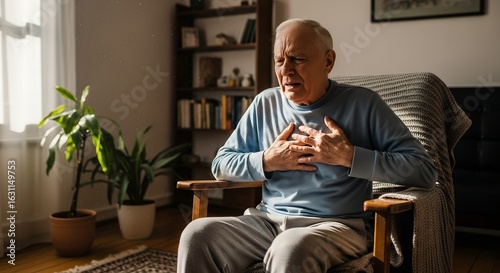 Elderly Man Holding Chest Representing Breathing Difficulty Symptom of Respiratory Illness