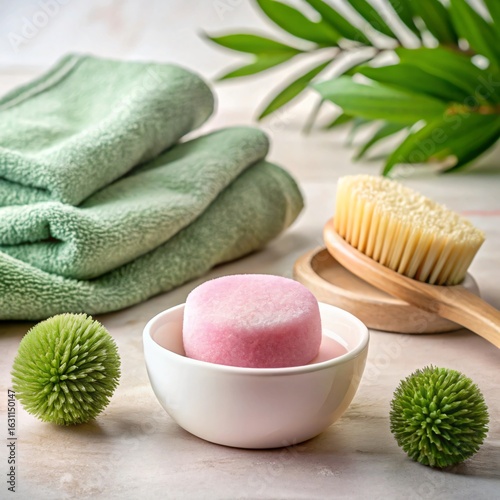 Pink solid shampoo bar in white bowl green towels wooden brush and decorative balls