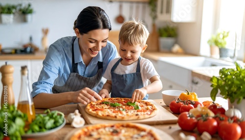 Happy family making pizza together in a kitchen