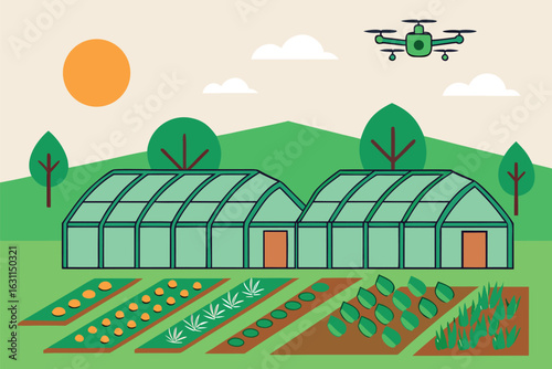 Green drone hovers above colorful crop plots and two greenhouses on a vibrant farm
