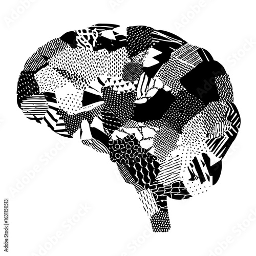 Vector Intricate skull composed of diverse patterned sections.