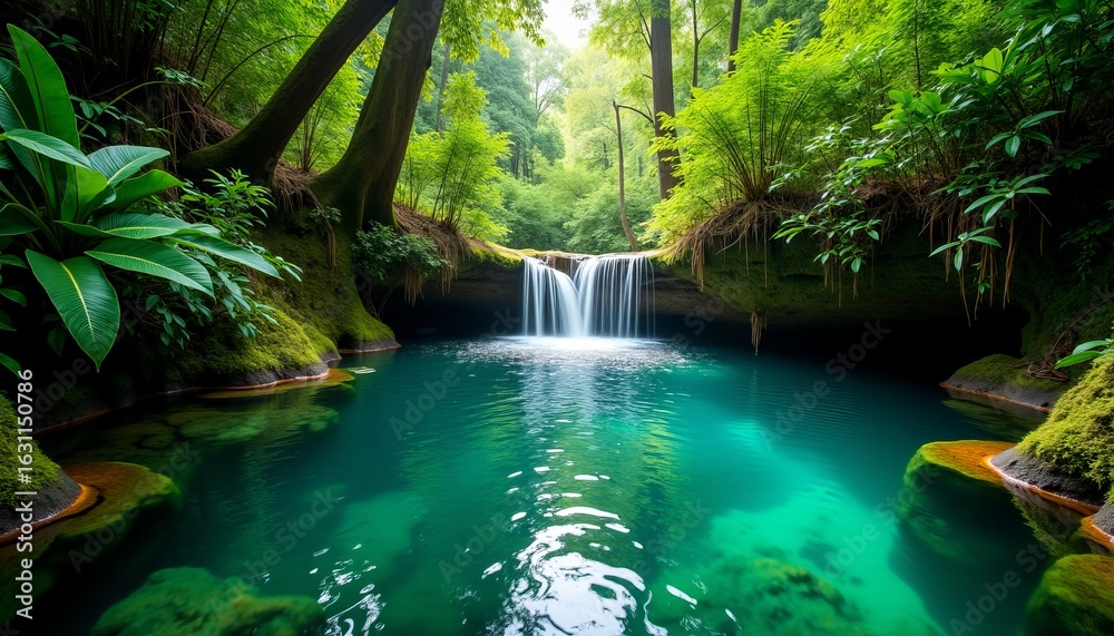 Naklejka premium Hidden Jungle Waterfall Cascading into Crystal Clear Turquoise Pool Lush Greenery and Moss Covered Rocks