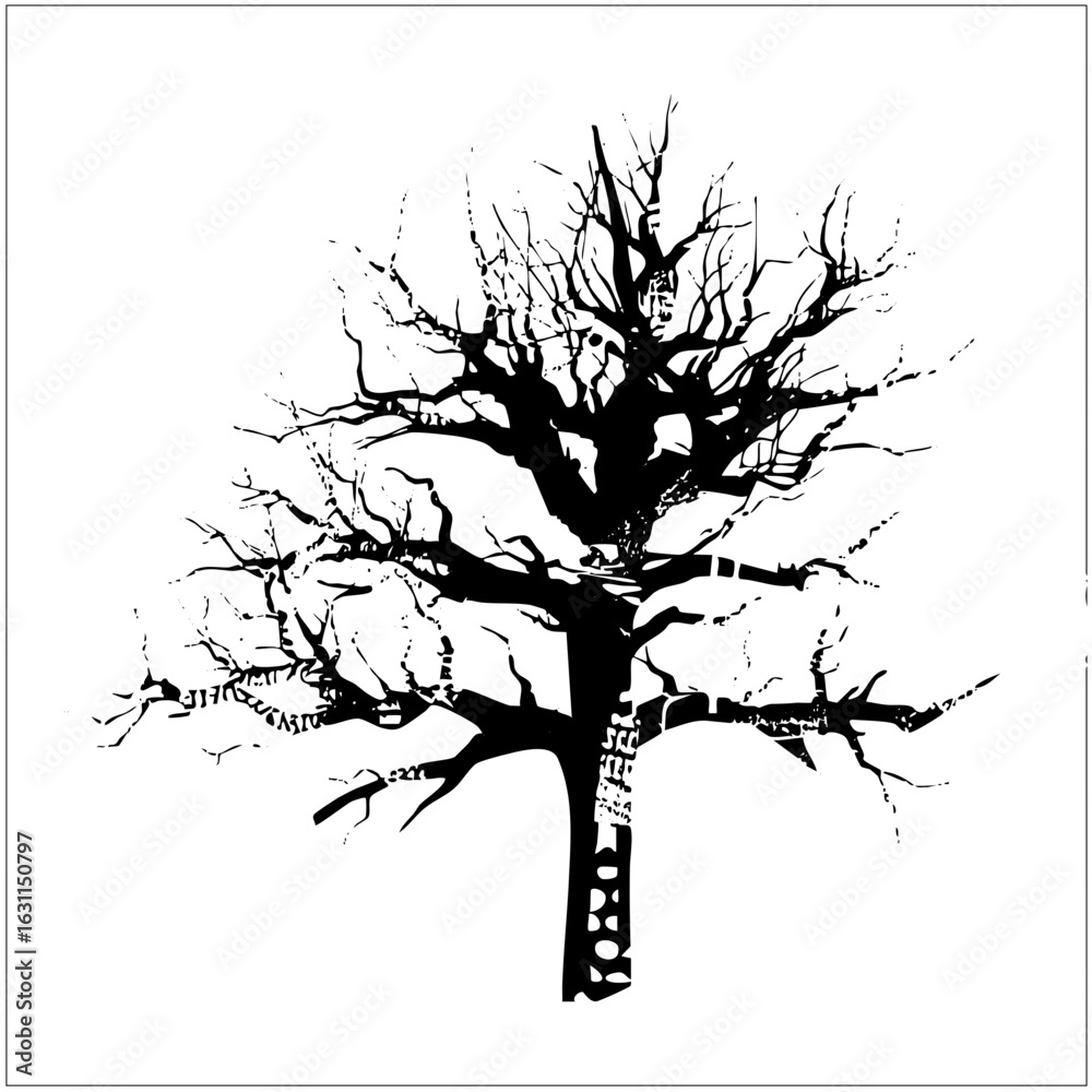 Obraz premium Vector Bare tree showcases a stark leafless silhouette against a white backdrop.