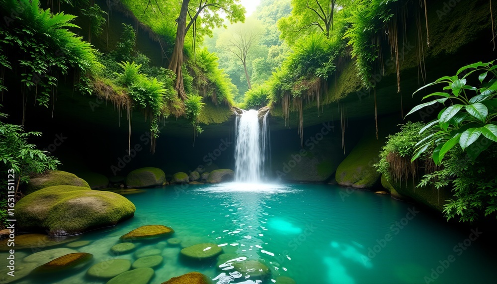 Fototapeta premium Hidden Jungle Waterfall Cascading into Crystal Clear Turquoise Pool Lush Greenery and Moss Covered Rocks