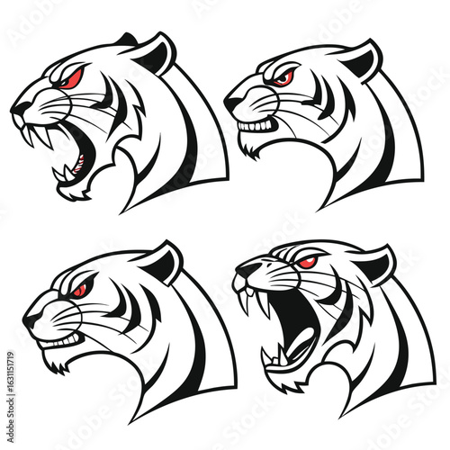 Four fierce set of tiger heads emblems with red eyes and bared fangs showcasing aggressive expressions in a stylized black and white design vector illustration