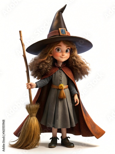 Cute cartoon girl witch in hat and cape holding a broom 3D rendered illustration on white background