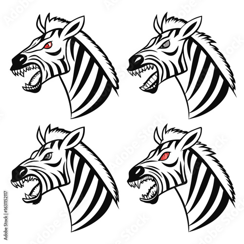 Fierce set of zebra heads with red eyes and open mouths in a stylized black and white illustration