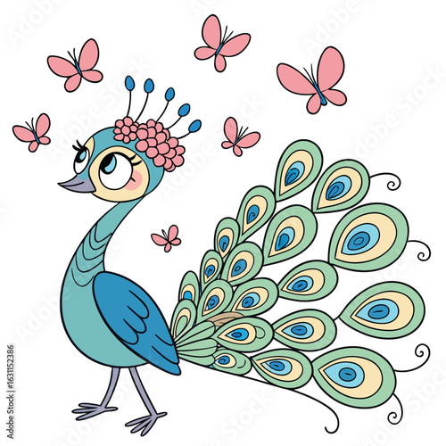 Charming cartoon peacock with delicate pink butterflies fluttering around its pastel colored feathers and floral headpiece vector illustration