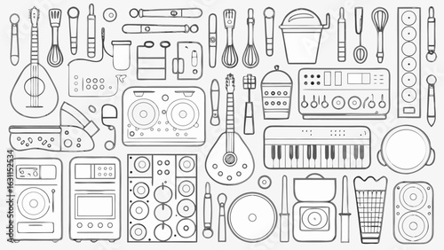 Line art illustration featuring a collection of kitchen utensils and musical instruments in a flat style silhouette