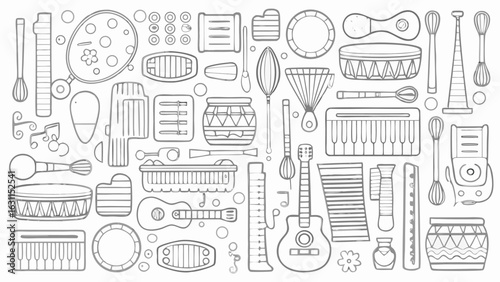 Illustration featuring various musical instruments including guitars drums and keyboard in a line drawing style silhouette
