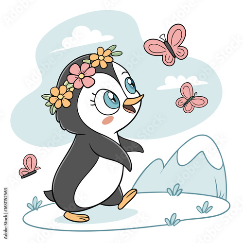 This charming illustration features a white baby penguin with blue eyes and a flower crown, surrounded by fluttering pink butterflies and a small plant with flowers vector illustration