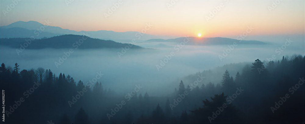 Fototapeta premium Misty landscape with distant mountains shrouded in thick fog, silhouetted trees on the foreground, dramatic chiaroscuro lighting from setting sun creating elongated shadows. Shot with wide angle lens 