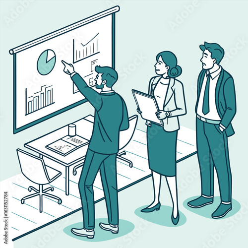 Business professionals collaborating and presenting data analysis on a projector screen in a modern office meeting vector illustration