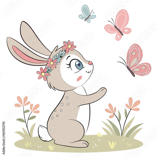 Cute cartoon bunny with a flower crown and butterflies in a meadow perfect for spring and easter themes vector illustration
