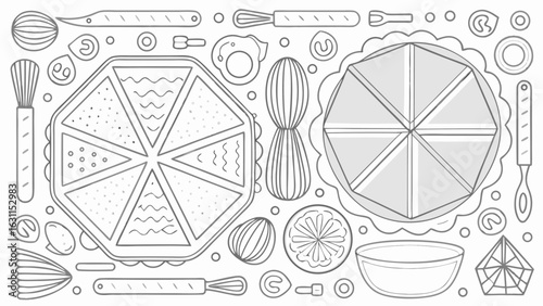 Outlined kitchen scene featuring pies, lemons, whisks, and various baking and cooking utensils laid out flat silhouette