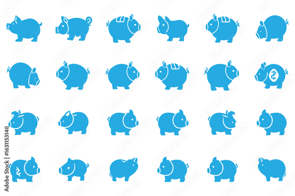 Fototapeta premium Piggy bank collection set of twenty simple icons of cute pigs on white background
