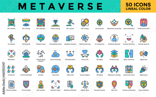Metaverse icons set with nft artwork, nft minting, nft collection, rarity ranking, nft auction, nft trading, virtual assets, blockchain ownership, asset verification icon. Simple flat outline vector 
