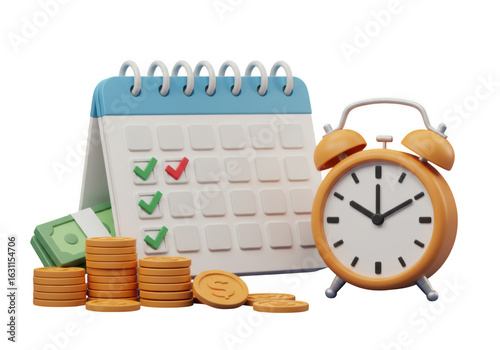3d illustration of calendar, clock, and money for time management isolated on transparent background