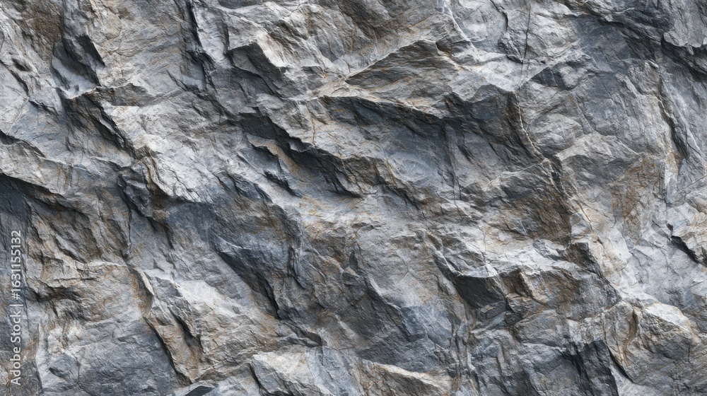 Fototapeta premium Close-up view of a rocky surface showcasing diverse textures and muted colors. The rugged terrain reflects natural geological formations, typical during daylight hours in mountainous areas.