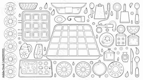 Illustration of kitchenware including waffle maker plates and various cooking utensils and accessories silhouette
