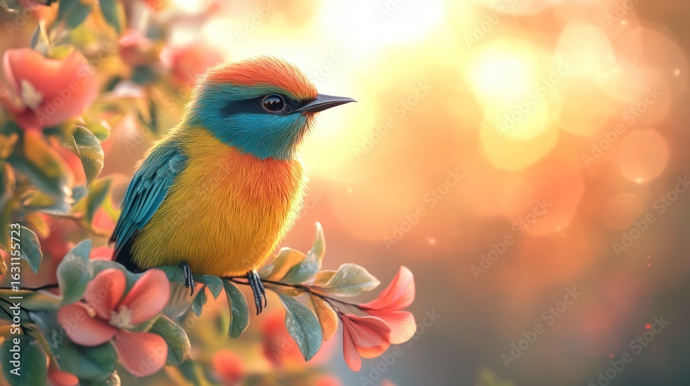 Fototapeta premium Colorful bird perched on flower branch, sunrise, spring