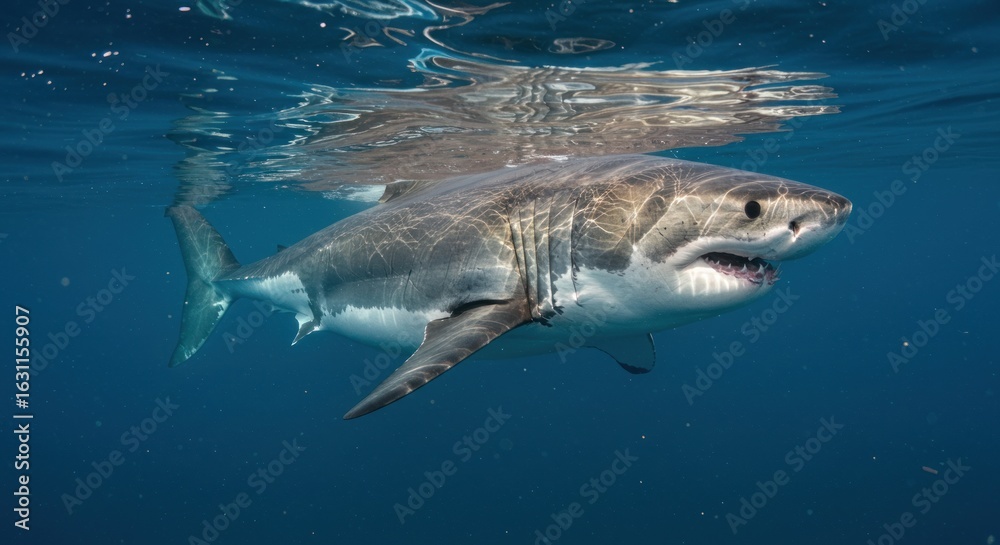 Naklejka premium Majestic Great White Shark, Underwater Encounter, Powerful Jaws, Oceanic Depth