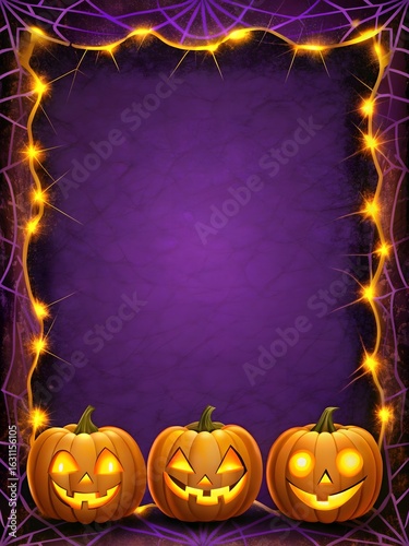 Photo of three carved halloween pumpkins with glowing faces form the bottom border of a purple background framed by spiderwebs and warm yellow lights