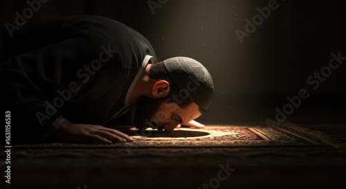 A Muslim Man in Humble Prayer:  A Moment of Devotion and Spirituality