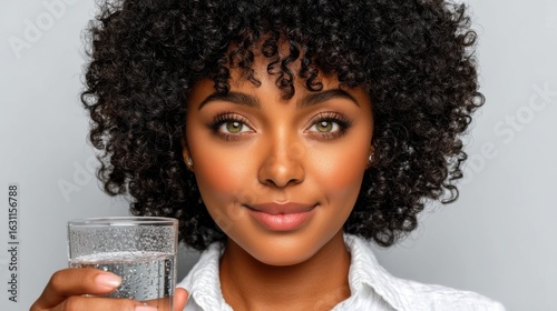 Promoting hydration woman holding water indoor portrait bright setting close-up wellness focus
