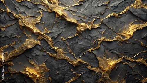 Luxury Charcoal Black Stone Texture with Shiny Gold Vein