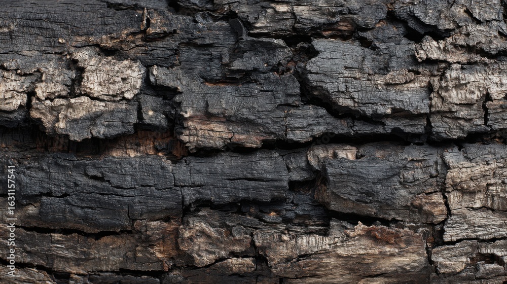 Naklejka premium The close-up view features a charred wooden surface displaying deep cracks and varied textures, illustrating the effects of fire damage and time on natural wood.
