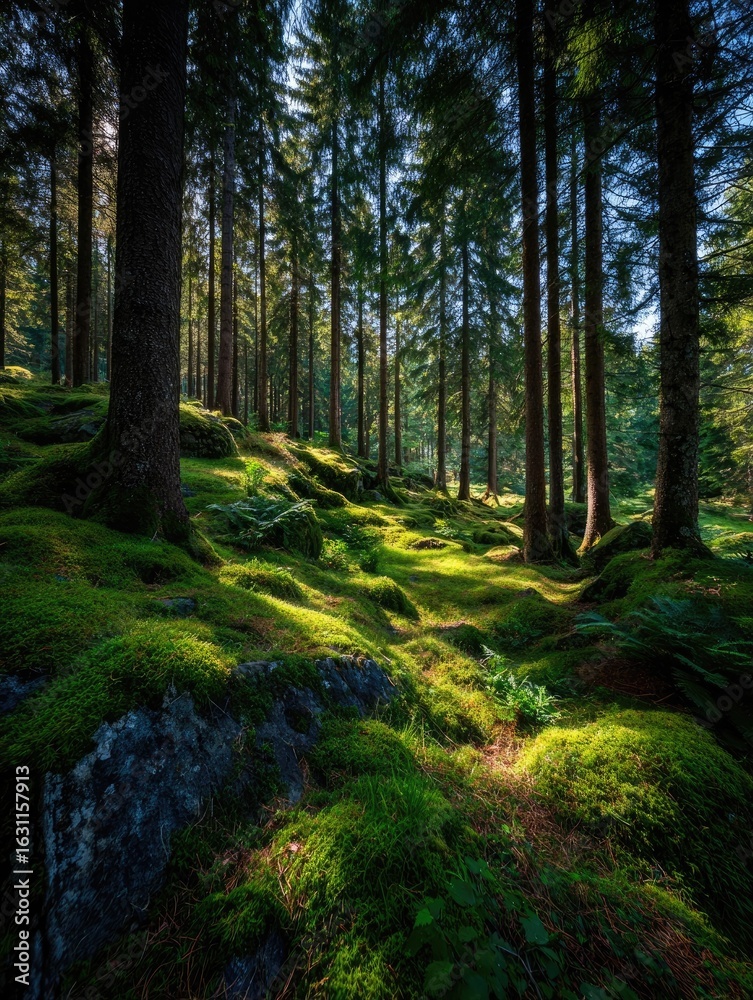 Obraz premium Sunlit mossy forest floor