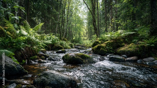 Fresh mountain stream running over smooth stones in a forest, framed by soft light and vivid greenery 