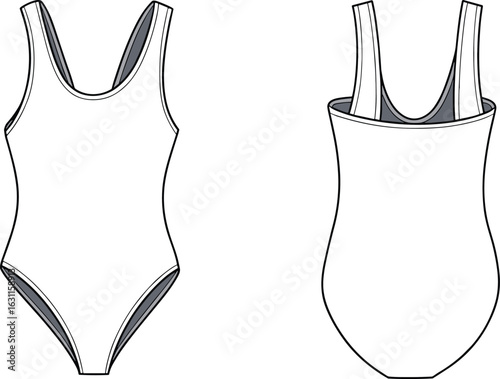 CAD drawing flat vector illustration of swimsuit, one piece swimwear front and back view, fashion sketch, garment template