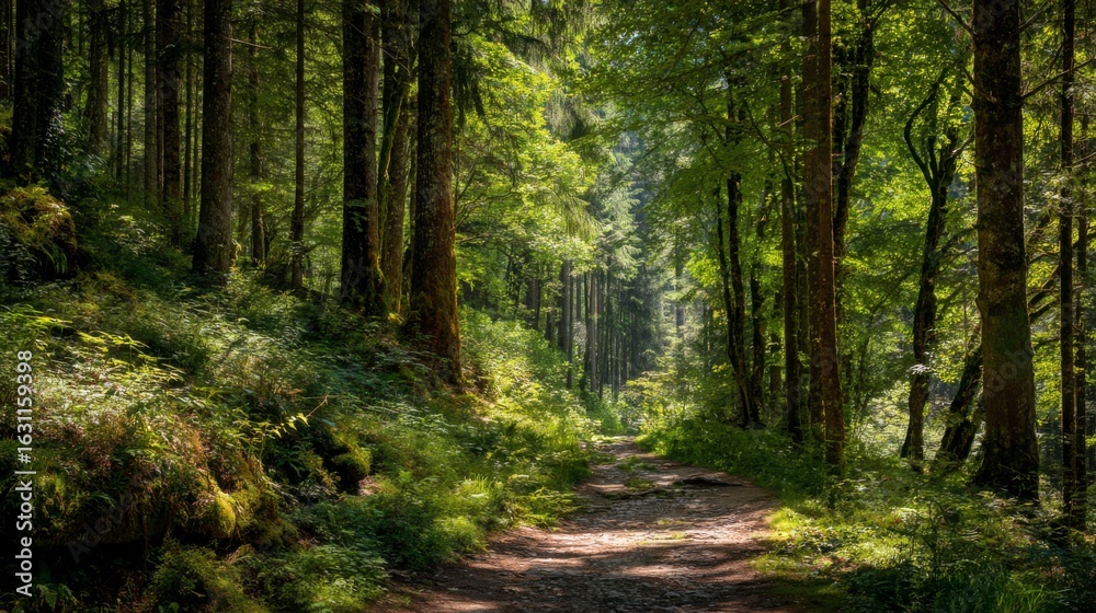 Fototapeta premium Green forest trail leading into dense woods, sun filtering through leaves creating dappled shadows 