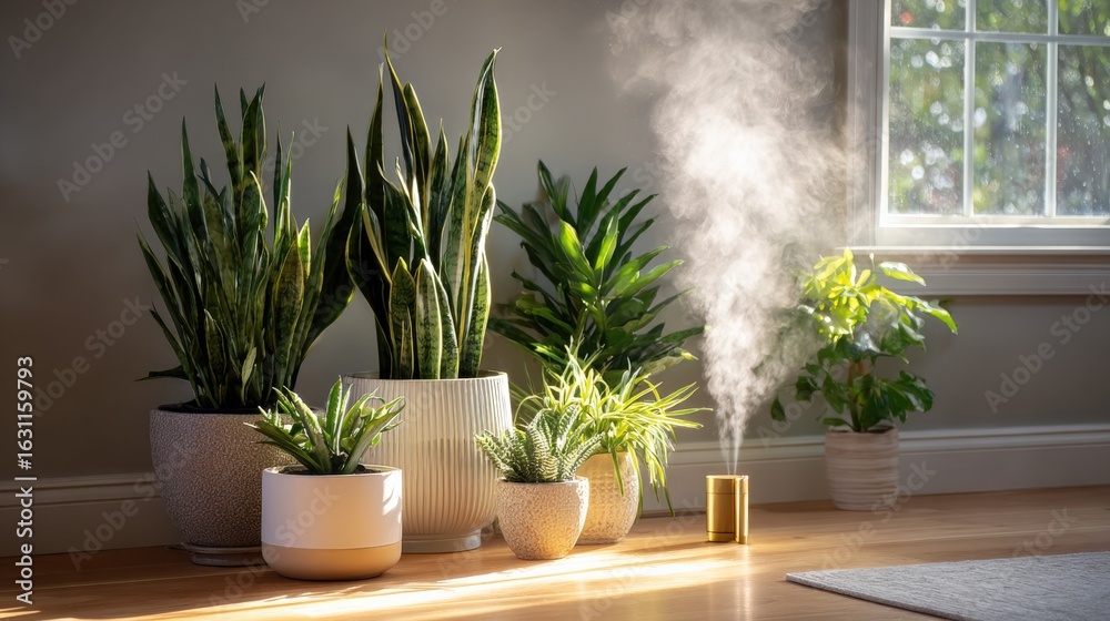 Fototapeta premium Indoor Air Quality: Home with Air Purifier and Healthy Green Potted Plants